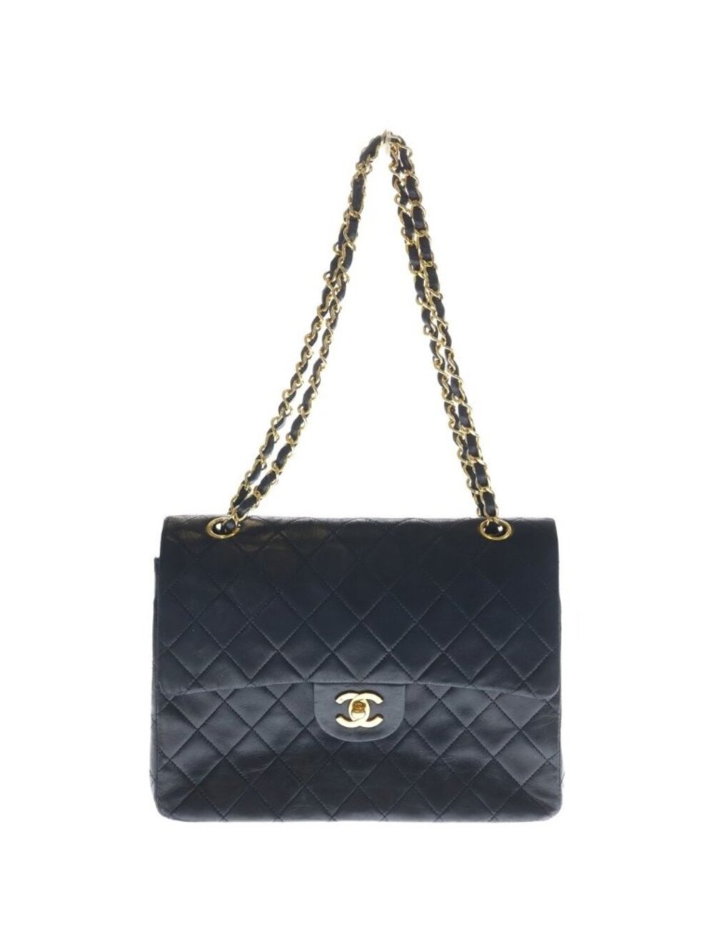Chanel Quilted 25 Lambskin Turnlock Gold Double Flap Chain Shoulder Bag Black